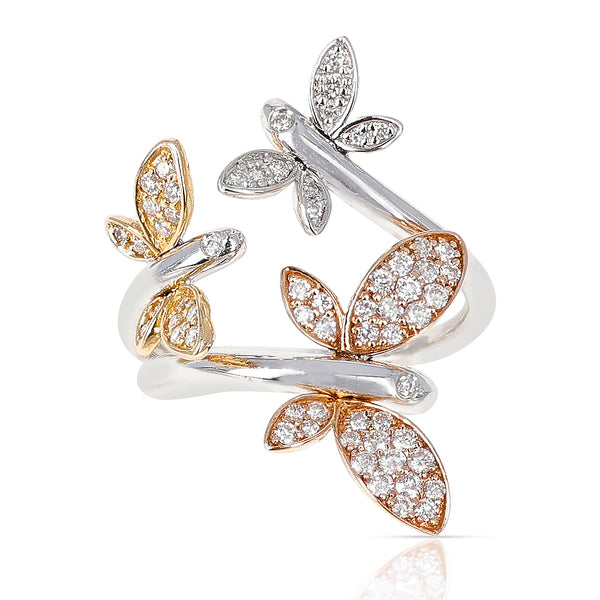 Yellow, White and Rose 18 Karat Gold Three Butterfly Ring with Diamonds