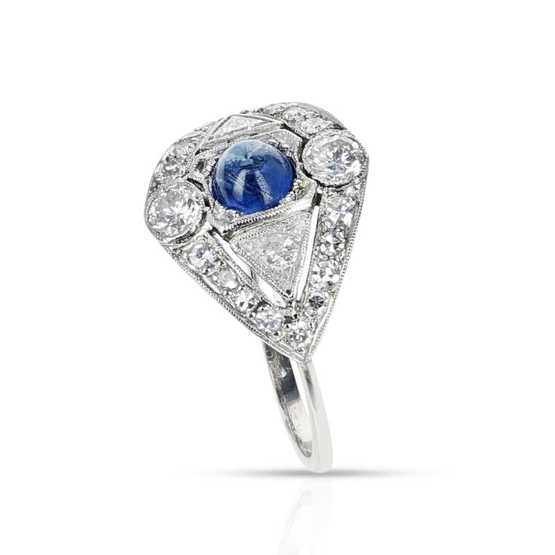 Art Deco-Style Diamond and Sapphire Cabochon Platinum Ring