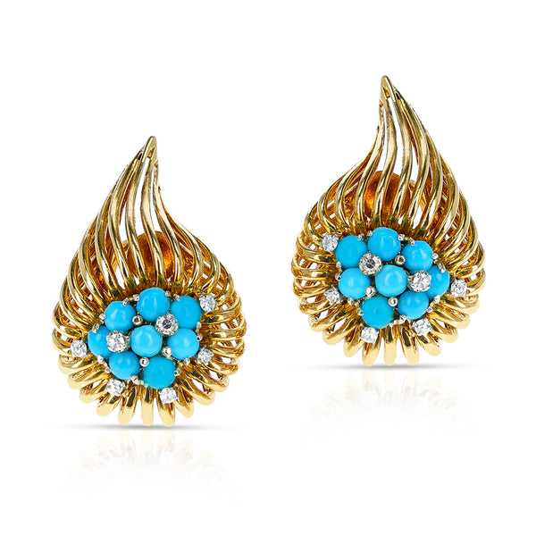 Italy Tiffany & Co. Retro-Style Leaf Turquoise and Diamond Earrings