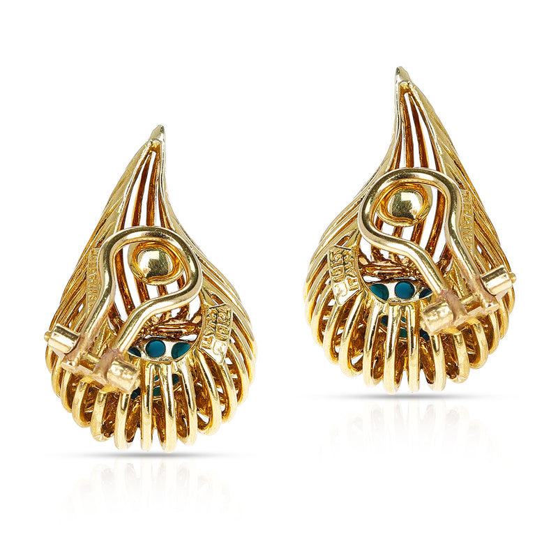 Italy Tiffany & Co. Retro-Style Leaf Turquoise and Diamond Earrings