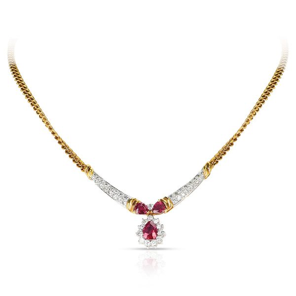 Pear Shape Ruby and Diamond Necklace, 18K Yellow Gold