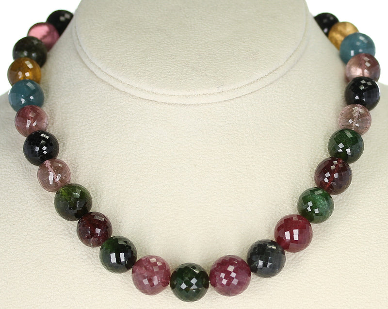 Genuine & Natural Large Round and Faceted Multi-Tourmaline Beads Necklace, 14K Gold