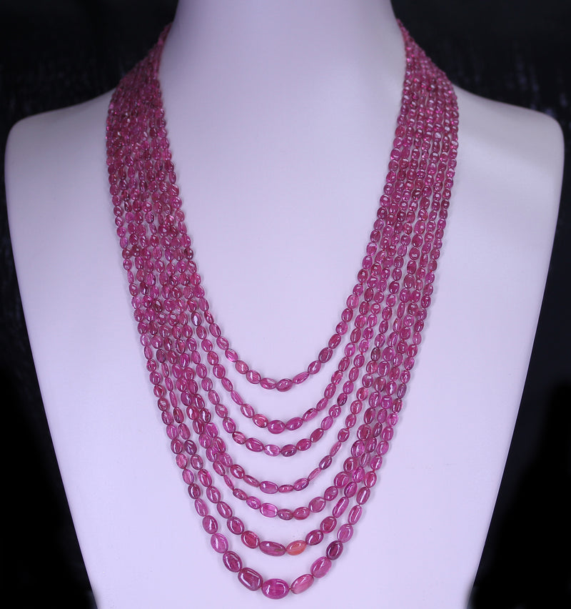 Genuine & Natural Smooth Pink Tourmaline Small Tumbled Beads Necklace, 7 Lines