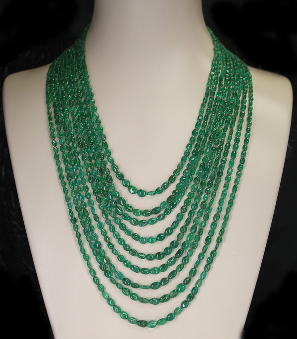 Genuine & Natural Smooth Emerald Small Tumbled Beads Necklace, 9 Lines