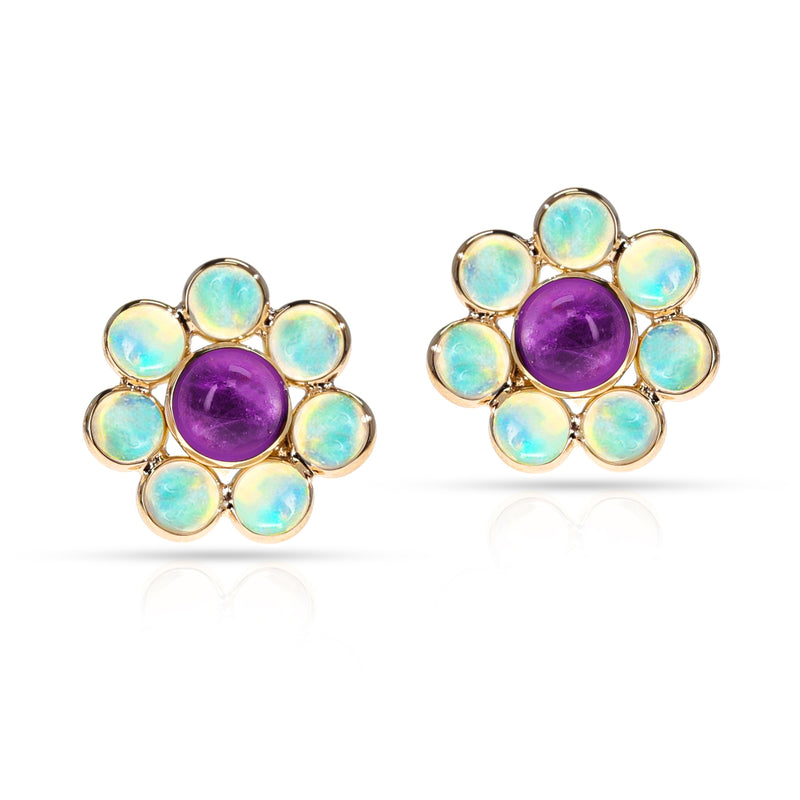 Opal and Amethyst Floral Earrings, 18k Yellow Gold