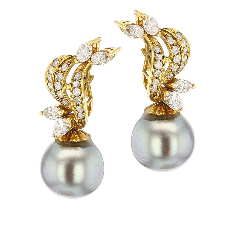 Gray Tahitian Cultured Pearl and Diamond Drop Earrings, Detachable, 14K Yellow Gold