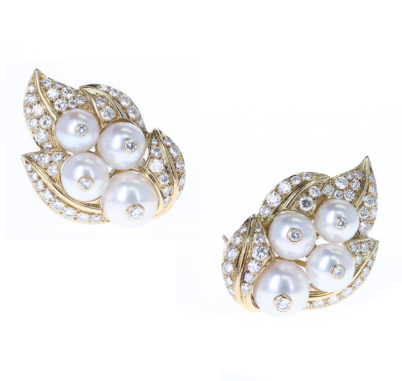 Pearl and Diamond Leaf-Style Cocktail Earrings, 18 Karat Yellow Gold