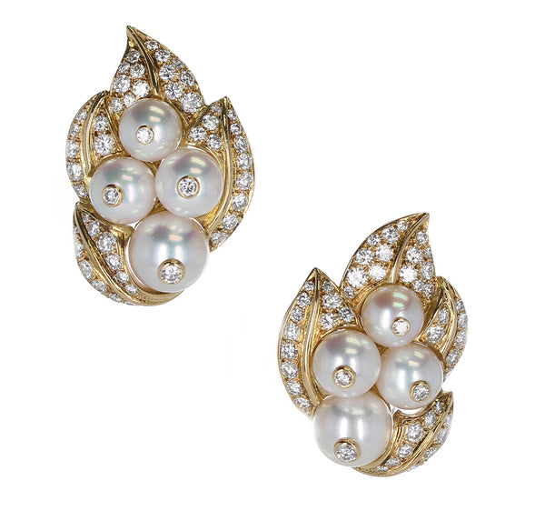 Pearl and Diamond Leaf-Style Cocktail Earrings, 18 Karat Yellow Gold