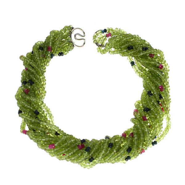 Peridot, Ruby, and Blue Sapphire Beads White Gold Necklace
