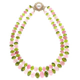 Peridot and Morganite Beads Yellow Gold and Diamond Brooch and Necklace