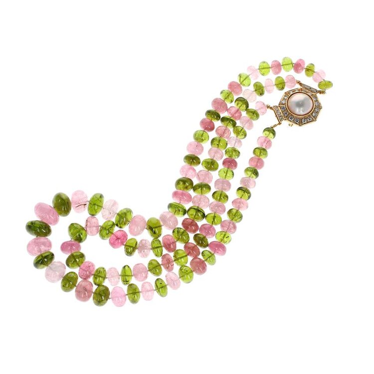 Peridot and Morganite Beads Yellow Gold and Diamond Brooch and Necklace