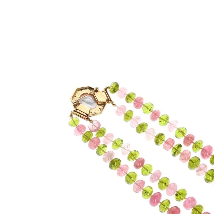 Peridot and Morganite Beads Yellow Gold and Diamond Brooch and Necklace