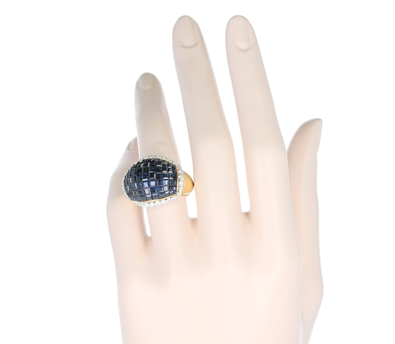 Invisibly Set Blue Sapphire and Diamond Bombe Ring, 18K Yellow Gold