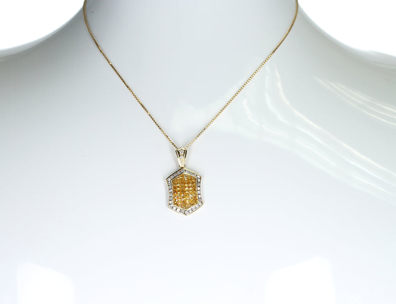 Hexagonal Invisibly Set Yellow Sapphire Pendant Necklace with Diamonds, 18K Yellow Gold