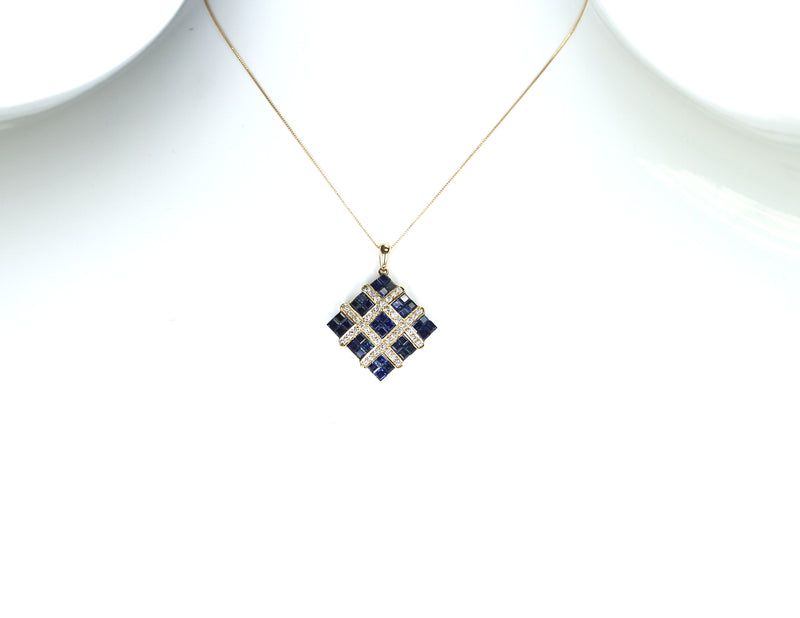 Square Mystery Set Sapphire Pendant Necklace with Diamonds, 18K Yellow Gold