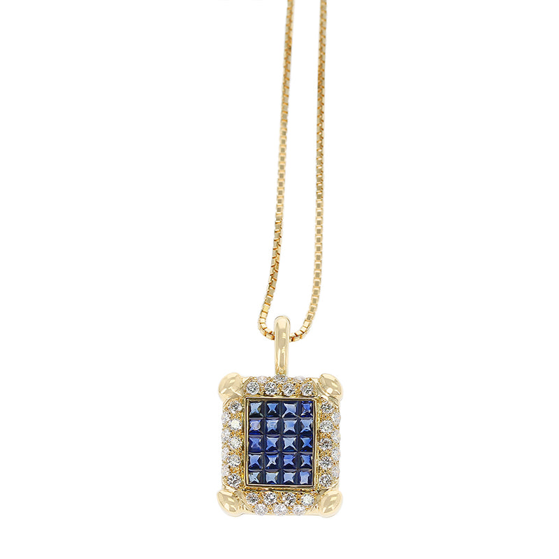 Rectangular Invisibly Set Sapphire Pendant with Diamonds, 18K Yellow Gold