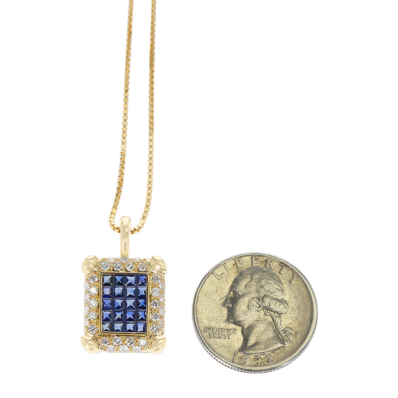 Rectangular Invisibly Set Sapphire Pendant with Diamonds, 18K Yellow Gold