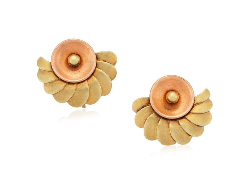 Two Tone Retro Fan-Style Eearrings, 14K Rose & Yellow Gold