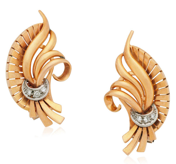 Curved Scroll Earrings with Diamonds, 14K White & Yellow Gold