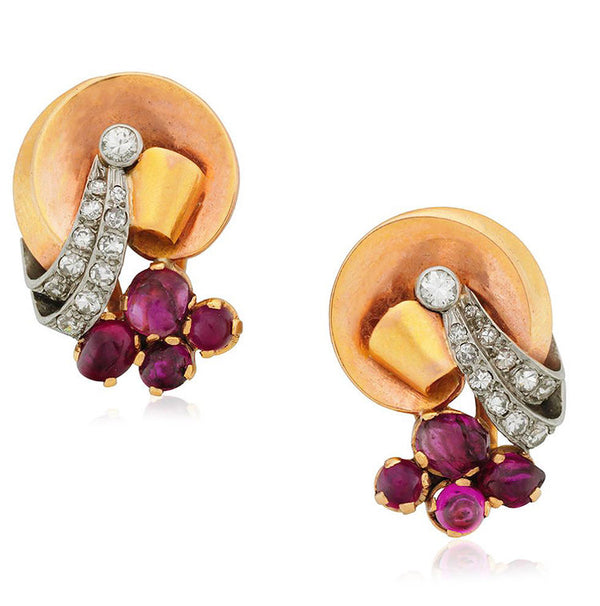 Retro Earrings with Rubies and Diamonds