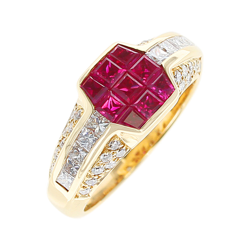 Octagonal Mystery Set Ruby and Diamond Ring, 18K Yellow Gold