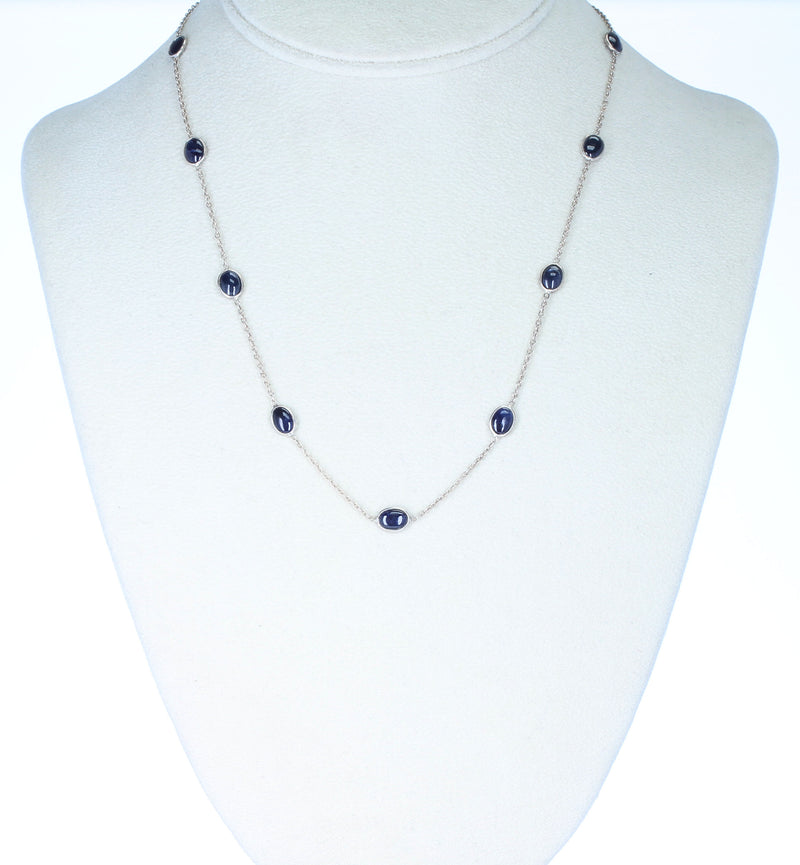 Dark Blue Sapphire Cabochon Necklace, Sterling Silver