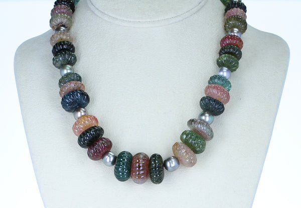 Tourmaline Carved Beads Necklace with Tahitian Pearls and Emerald Clasp