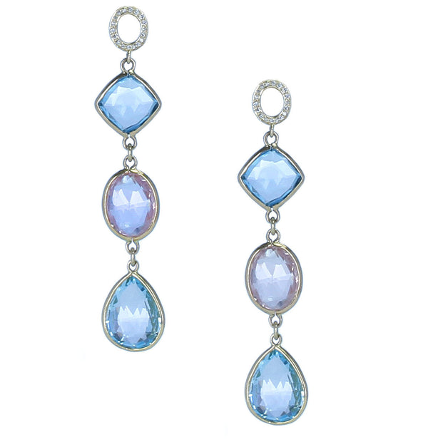 Rose Quartz and Blue Topaz Earrings with Diamonds, 18K Yellow