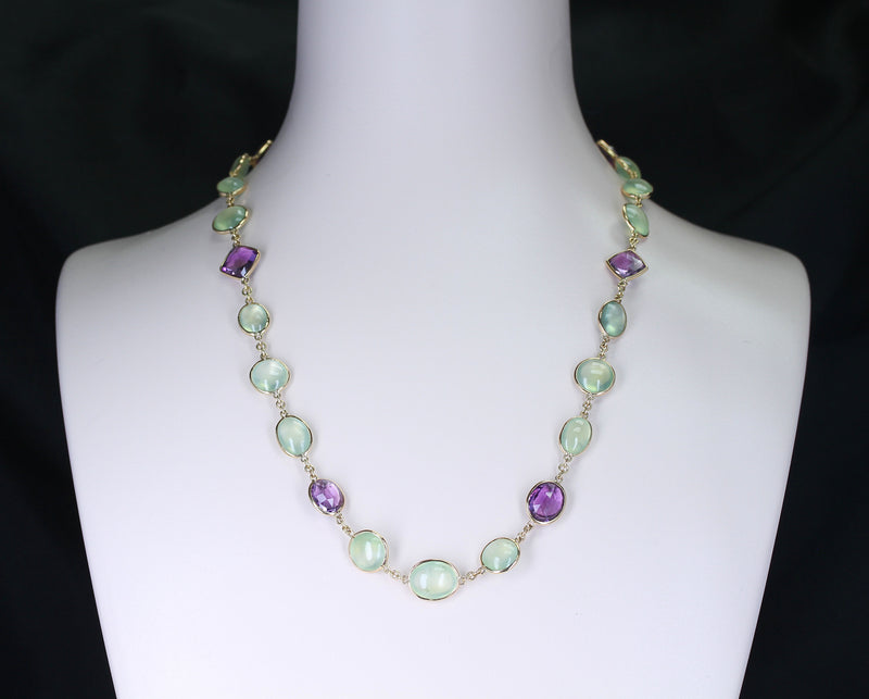 Amethyst and Green Prehnite Double Cabochon Fine 18K Yellow Gold Necklace