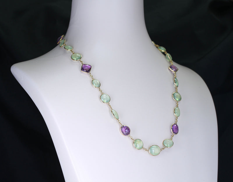 Amethyst and Green Prehnite Double Cabochon Fine 18K Yellow Gold Necklace