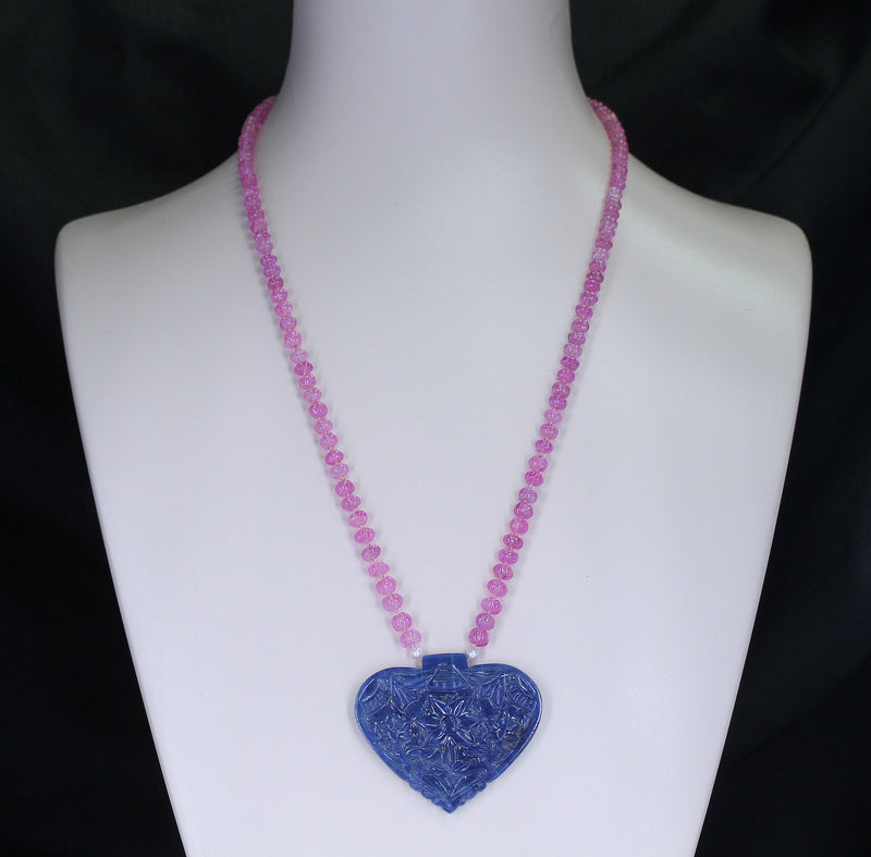 Heart-Shaped Sapphire Carving Necklace with Pink Sapphire Carved Beads, 14K