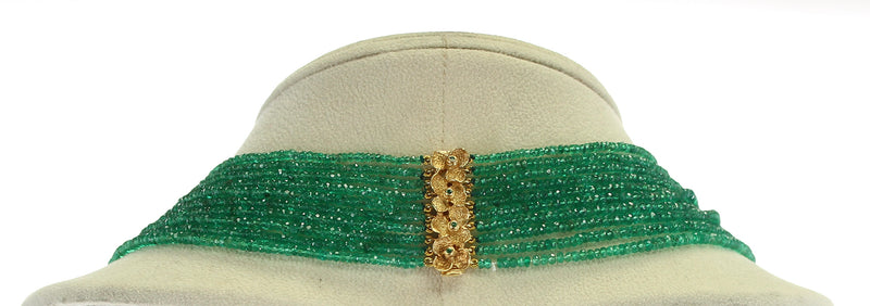 Fine Emerald Faceted Beads Necklace with Floral Emerald Designs, 18K Gold