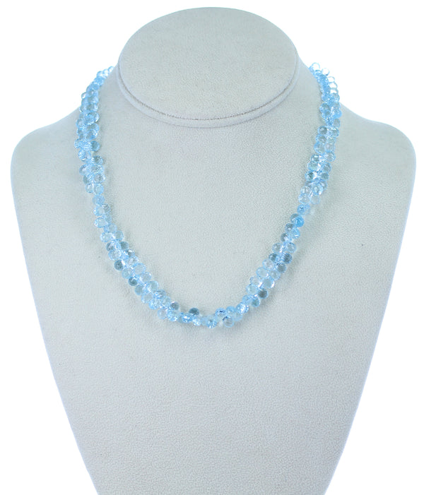 Genuine Faceted Blue Topaz Briolette Drop Beads Necklace, 14 Karat White