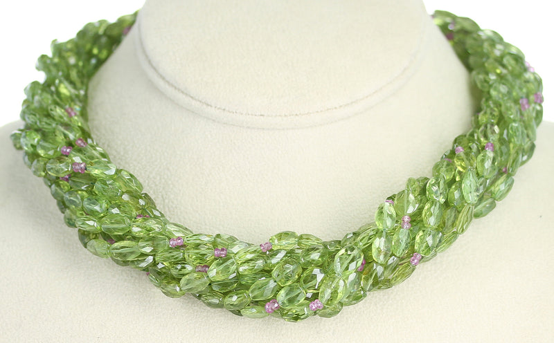 Genuine & Natural Peridot Tumbled Faceted Beads with Pink Sapphire Beads Choker Necklace