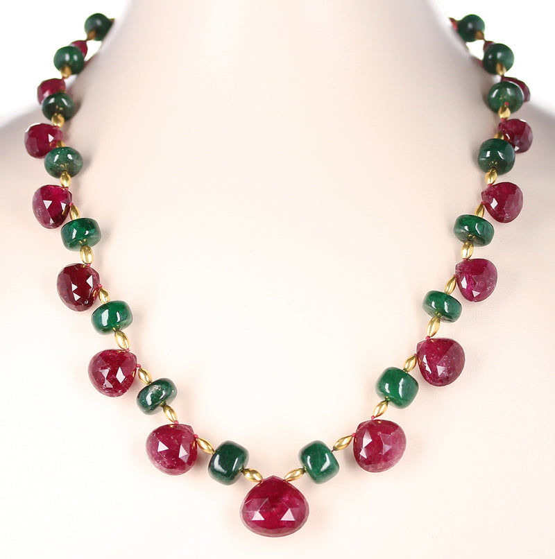 Genuine and Natural Tourmaline Drops with Emerald and Gold Beads Royal Necklace