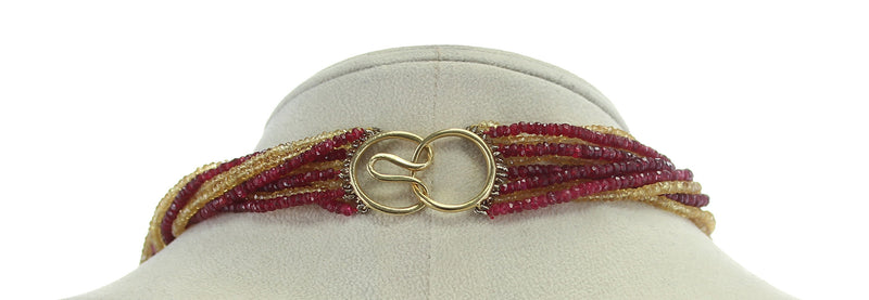 Genuine & Natural Red Spinel and Yellow Sapphire Faceted Beads Choker Necklace