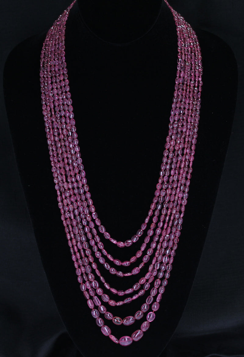 Genuine & Natural Smooth Pink Tourmaline Small Tumbled Beads Necklace, 7 Lines