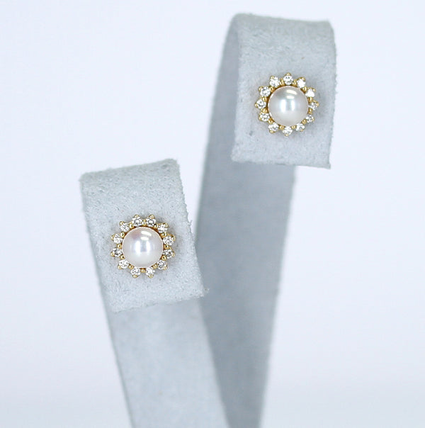 Tiffany & Co. Pearl and Diamond Earrings, 18 Karat Yellow Gold