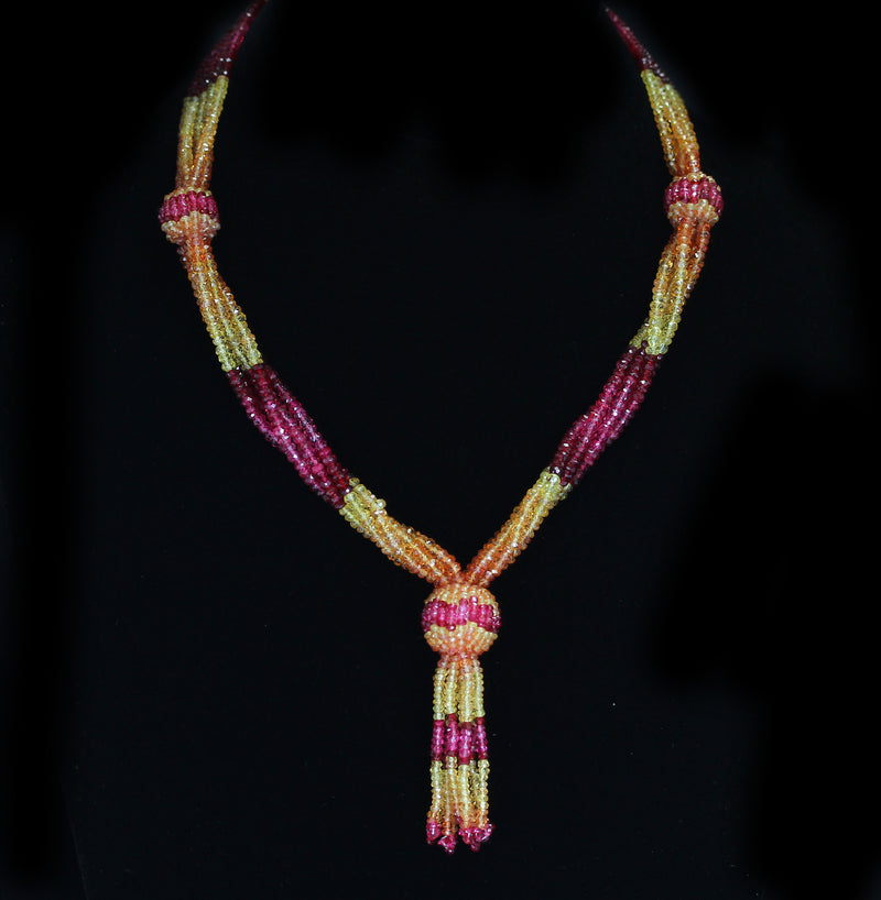 Yellow and Orange Sapphire with Spinel Faceted Beads, Tassel Necklace, 18K Yellow Gold Clasp with Diamonds
