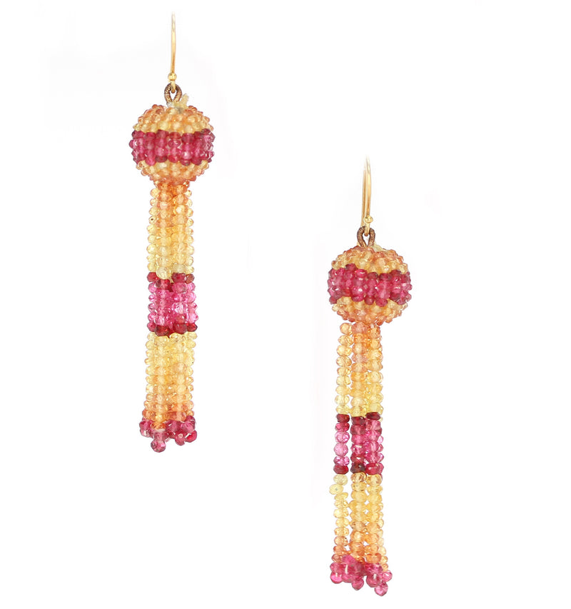 Yellow and Orange Sapphire with Spinel Faceted Beads Tassel Earring, Yellow Gold
