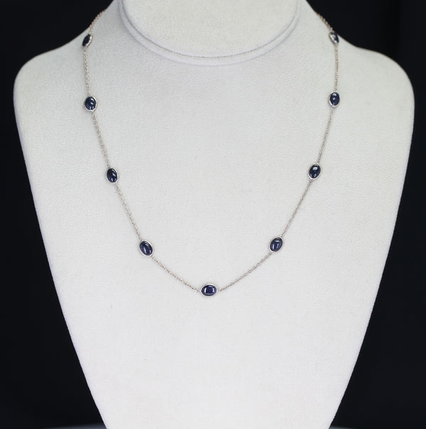 Dark Blue Sapphire Cabochon Necklace, Sterling Silver