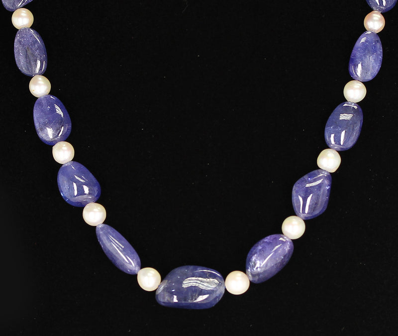 Tanzanite Tumbled Beads & Pearl Necklace, 14K Yellow Gold Clasp