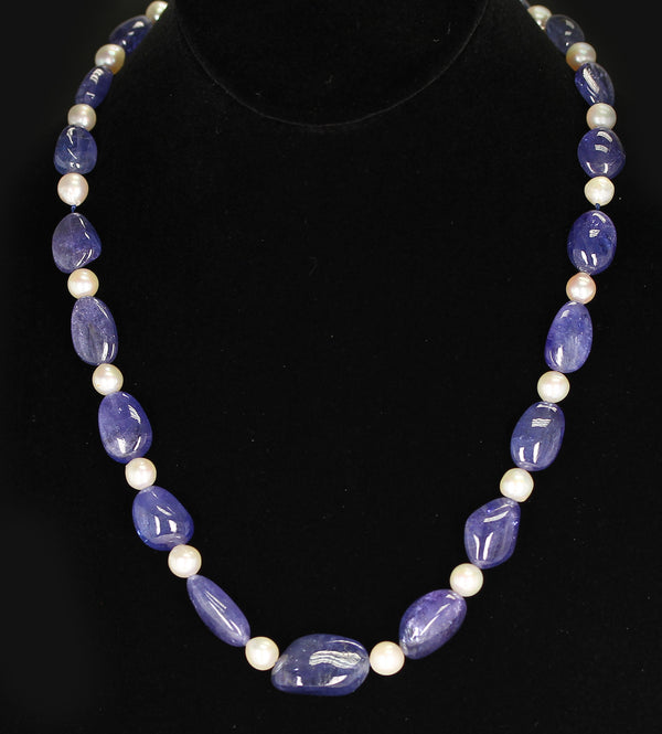 Tanzanite Tumbled Beads & Pearl Necklace, 14K Yellow Gold Clasp