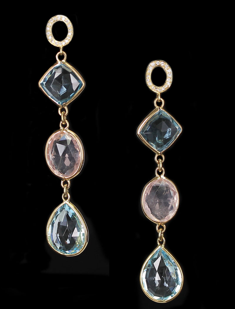 Rose Quartz and Blue Topaz Earrings with Diamonds, 18K Yellow