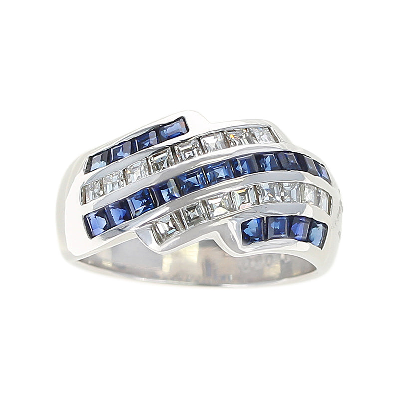 Five Row Linear Patterned Invisibly Set Sapphire and Diamond Ring, Platinum
