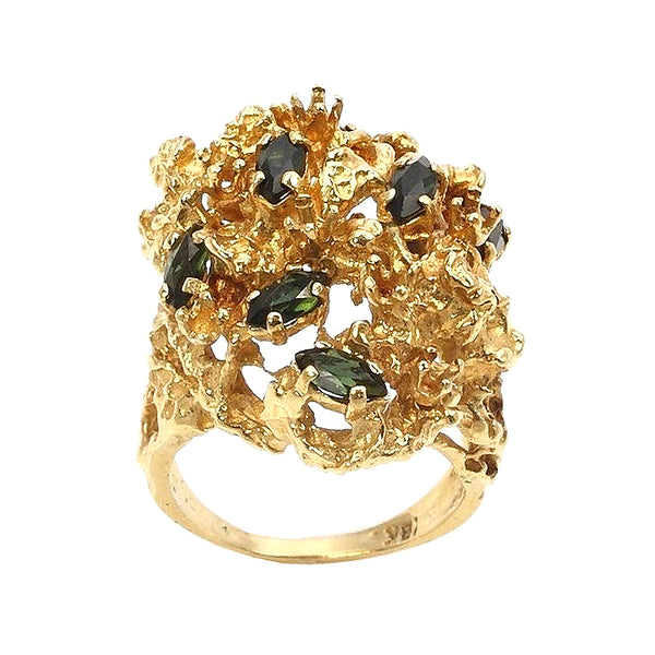 Scattered Marquise-Cut Green Tourmaline and 18K Yellow Gold Cluster Ring