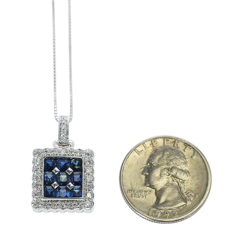 Square Mystery Set 9 Stone Sapphire Pendant with Diamonds, 18K White Gold