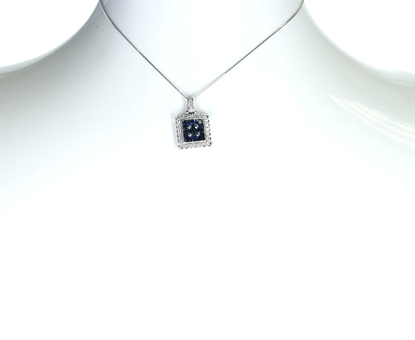 Square Mystery Set 9 Stone Sapphire Pendant with Diamonds, 18K White Gold