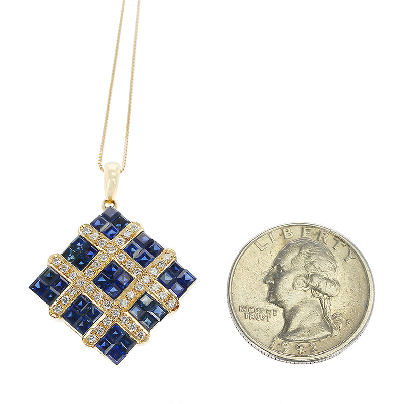 Square Mystery Set Sapphire Pendant Necklace with Diamonds, 18K Yellow Gold