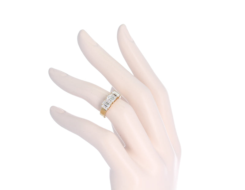 Three Emerald-Cut Diamond Band with Round Diamonds, 18K Yellow Gold